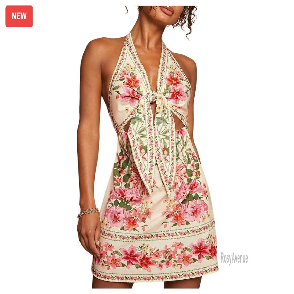 Backless Halter Dress Cut Out Knot Front Sleeveless Vacation Short